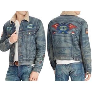 Polo Ralph Lauren Aztec Western Thunderbird Denim Trucker Jacket L Rare Sherpa